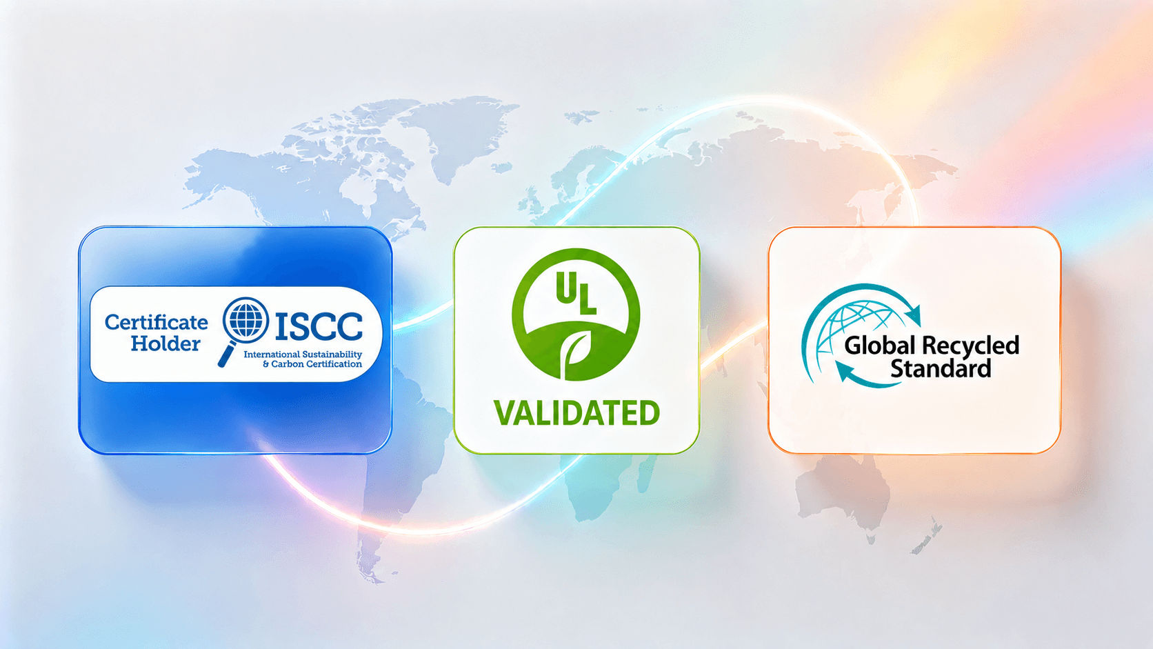 ISCC, UL Validated and Global Recycled Standard certification marks